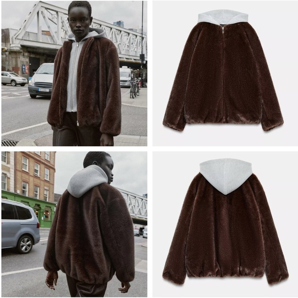 ZARA FAUX FUR CONTRAST COMBINATION BOMBER JACKET